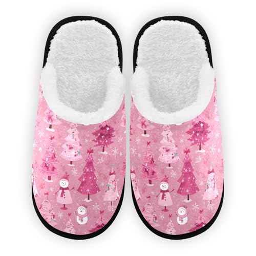 Pink Snowman Christmas Tree Slippers For Women Men Soft Memory Foam Non-Slip Festival Winter Indoor House Shoes Travel Slipper