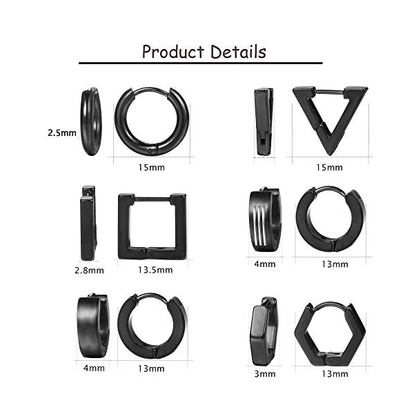 Thunaraz Stainless Steel Black Hoop Earrings for Men Women Huggie Triangle Square Round Geometric Stud Earrings Set - Image 3