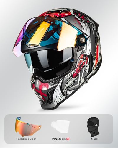 Image of ILM Motorcycle Helmets for Adult Men Women Full Face DOT ECE Powersports Dual Visor Street Racing Helmet with Pinlock Cascos para Motos Model MF509 (Ronin Red, 2XL)