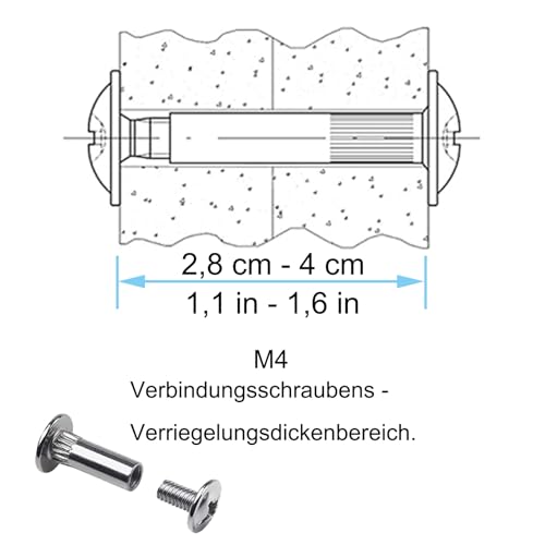 Verbindungsschrauben, 10 Stück Möbelschrauben M4, Schrankverbinder, Möbelverbinder Schrauben, Stahl vernickelt Verbindungsschrauben, für Verbinden und Befestigen von Platten mit Einer Dicke von