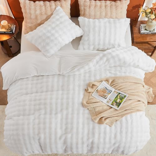 Image of EMME Faux Fur Duvet Cover King Size, 3 Pieces Ultra Soft Fluffy Comforter Cover, Cozy Warm for Winter, Luxury Elegant Shaggy Bubble Design Bedding, 1 Duvet Cover & 2 Pillow Shams (King, White)