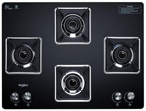 Whirlpool 70cm 4 Burner Auto Ignition Gas Stove | SABAF Brass Burners & Valves | 8mm Thick Toughened Black Glass | 10-Year Burner & Valve and... - Image 2