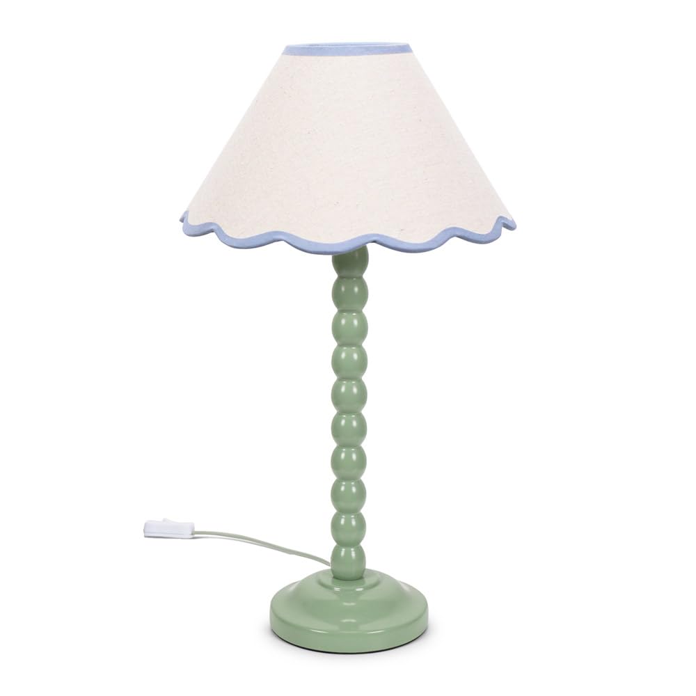 ValueLights | Sage Green Bobbin Stem Table Lamp with Blue Trim Scallop Shade | Home Décor, Bedside & Desk Lamp