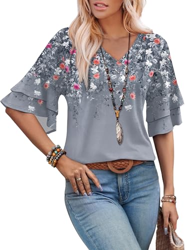 Image of OFEEFAN Spring Tops for Women Boho Shirts Fashion Clothing Cute 3 /4 Length Sleeve Blouses Dressy Casual Summer Outfits