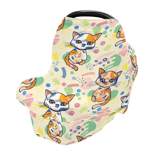 Nesatuwa Baby Car Seat Cover Cute Cartoon Cat Breastfeeding Covers Stretchy Breathable Multi-Use Cover Carseat Canopy for Girls and Boys