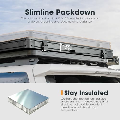 SAN HIMA Rooftop Tent Hard Shell - Overland Roof Top Tent with Anti-Condensation Mat Telescopic Ladder, Rain Fly & Stargazing Window, Up to 2 Person