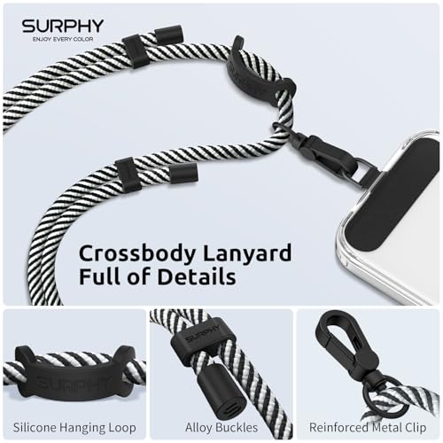 Image of SURPHY Phone Lanyard Crossbody, Phone Strap Crossbody with 2 Tether Tabs | Adjustable Cell Phone Lanyard, Anti Theft Phone Strap, Premium Metal Buckles, Universal Lanyard for Travel, Black & White