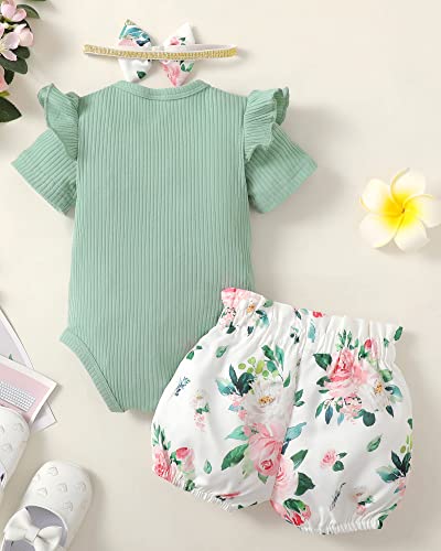 Toddler Baby Girl Clothes Infant Outfits Floral Short Sleeve Romper Green Short Set Summer Baby Girl Clohtes 12-18 Months #TOP3