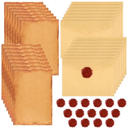 Dewdropdale 15 Stück A5 Briefpapier mit Umschlag Set, Vintage Liebesbrief Papier mit 15 Wachssiegel Selbstklebend, Schreiben Alt, Briefpapier Edel...