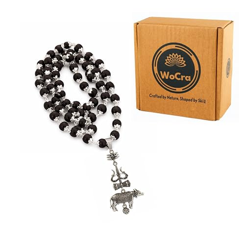Image of Karungali Malai 8mm Certified with Divine Trishool Nandi Pendant Silver Plated Original | 54 Beads Authentic Black Ebony Wood Mala with German Silver Cap for Men & Women | Spiritual Protection, Energy Balance & Daily Pooja Wear - 1 Piece