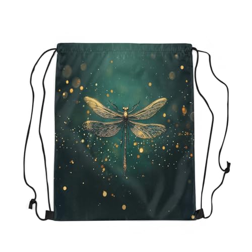 jejeloiu Dragonfly Drawstring Backpack Gifts for Gym String Bag Animal Sports Drawstring Sackpack Green Golden Waterproof Cinch Bag Drawstring Bags