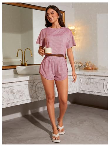 Image of OYOANGLE Womens Pajama Sets 2 Piece Sexy Lounge Sets Summer Cute Pjs Striped Print Tee and Side Split Shorts Set