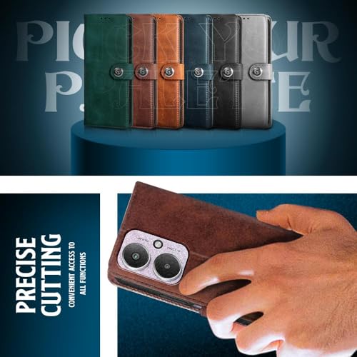 Image of WOW IMAGINE Shock Proof Flip Cover Back Case for Mi Redmi 13C 5G | Redmi 13C 4G | Poco M6 5G | Poco C65 (Magnetic Button Flip Case | Wallet Pockets & Stand | Leather Finish | Coffee)