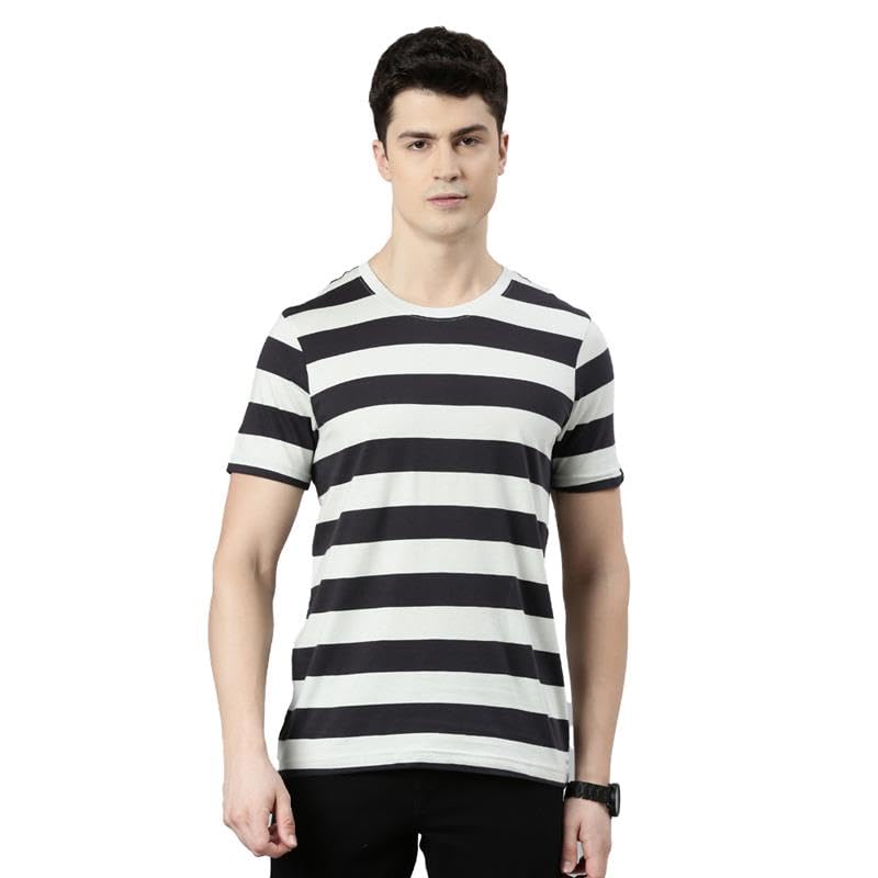 Image of FASO Men's Yarn Dyed Striped T-Shirt | Super Soft Combed Cotton | Sporty Big Stripes | Half Sleeves | Customized Comfort Fit for Smart Casual Wear