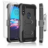 Njjex for Moto E Case, for Motorola Moto E 2020 Case with Tempered Glass Screen Protector [2 Pack], [Nbeck] Shockproof Heavy Duty Locking Swivel Holster Belt Clip Kickstand Rugged Hard Cover [Black]