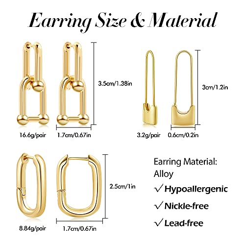 Sloong 3Paris 14K Gold Plated Ball U Shape Pin Y2K Style Chunky Earring Link Chain Chunky Circle Hoop Earrings Paperclip Link Chain Jewelry Drop Dangle Earrings Set For Women Teen Girls #TOP5