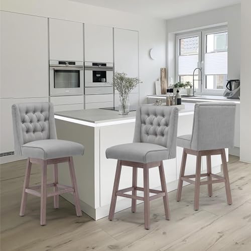 Image of Counter Height Bar Stools Set of 2, 360Swivel Bar Stools with Back and Wood Legs, 28.5 inch Morden Linen Fabric Upholstered Barstools for Kitchen Island Dining Room Bar, Grey