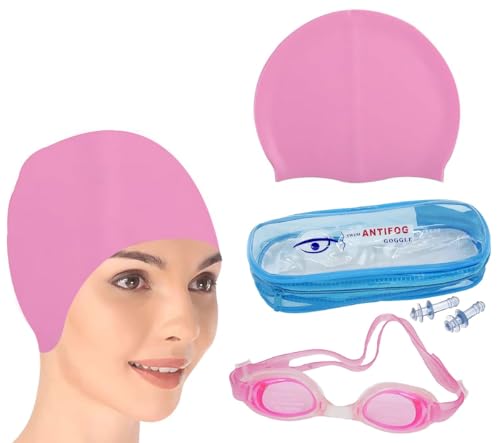 Image of GLAN Swimming Cap and Goggles Set for Men and Women Silicone and Anti-Fog Swim Accessories for Kids and Adults (Swimming Cap with Goggle Pink)