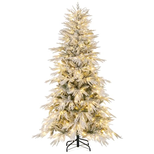 Image of Goplus 6 FT Pre-Lit Snow Flocked Christmas Tree, Artificial Hinged Xmas Tree with 594 PE & PVC Mixed Branch Tips, 250 Warm White LED Lights, Foldable Metal Base, Home Office Decoration