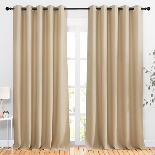 Image of NICETOWN Blackout Curtains Panels for Living Room, 2 Panels, 66 x 92 Inch, Biscotti Beige, 3 Pass Microfiber Noise Reducing Thermal Insulated Solid Ring Top Blackout Window Drapes
