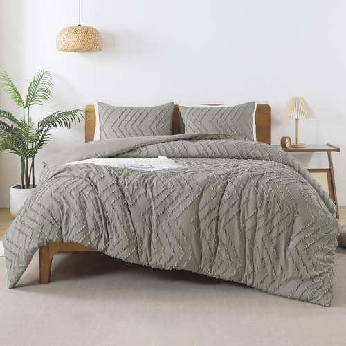Image of Andency Medium Grey Comforter Set King Size, Boho Soft Warm Tufted Bedding Comforter Sets for King Size Bed, 3 Pieces Aesthetic Chevron Farmhouse Cute Bohemian Textured Bedding Set