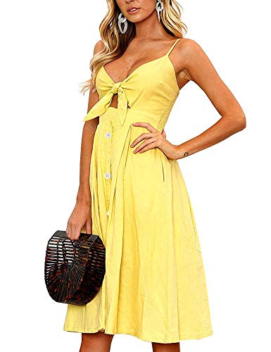 Image of FANCYINN Womens Tie Front Button Down A-Line Dresses Summer Spaghetti Strap Midi Dress Floral Prints