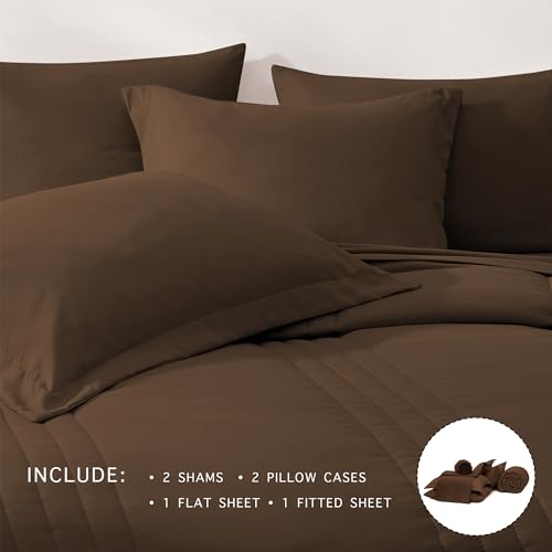 Image of Monbix Full Comforter Set - 7 Pieces Chocolate Brown Bed in a Bag Full Size Bedding Sets with Comforters, All Seasons Comforter with Sheets, Pillowcases & Shams
