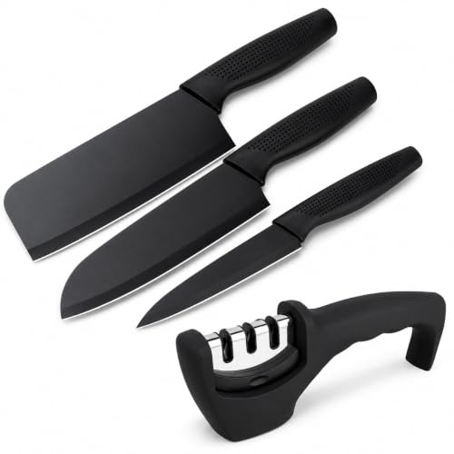 Image of SNMMIFER Kitchen Knife Set with Knife Sharpener, 4 Pcs Black Kitchen Knives Set for Cutting, Chopping, Slicing & Dicing,Knife with 3 Stage Sharpener (Knife + Sharpner)