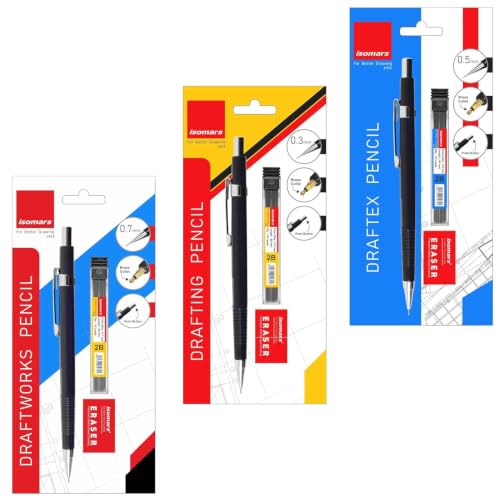 Image of Isomars Mechanical Pencil Set of 3 (0.3mm, 0.5mm & 0.7mm) with Leads & Erasers | Drafting Pencils for Drawing, Sketching, Writing & Technical Drafting | For Artists & Students
