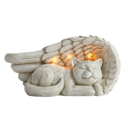 Festive Lights 20cm Gedenkstein mit solarbetriebener LED Beleuchtung Engelsfl&uuml;gel mit Katze Grabdekoration Wetterfest Grabstein Grablicht Solar Gedenkstein Erinnerung Haustier
