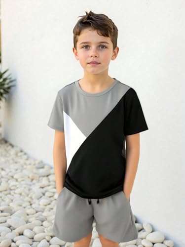 Image of Ayzozuy Boy Clothes Colorblock Top + Drawstring Waist Shorts 2 Pieces Kid Summer Outfits Set