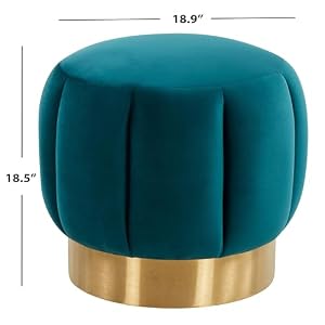 SAFAVIEH Couture Home Maxine Petrol Velvet Channel Tufted Living Room Bedroom Vanity Foot Stool Round Ottoman Fully Assembled