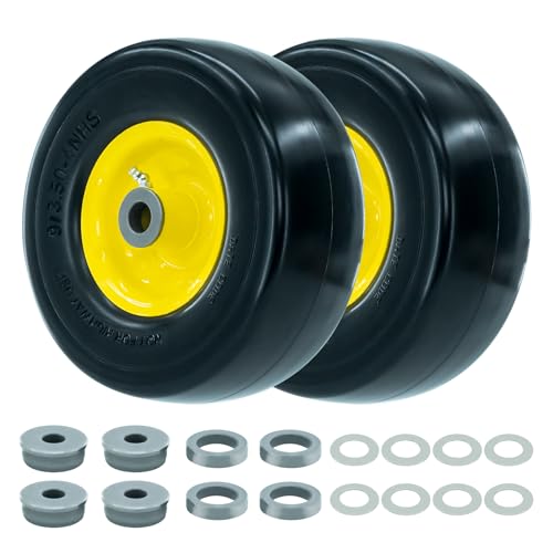 9x3.50-4 Flat-Free Lawn Mower Tire Heavy-Duty PU Solid Tires with 3.5-5 Centered Hub 3/4 and 5/8 Axle Bore 9 Solid Tire for Zero-Turn Mowers Garden Carts Yellow 2pcs