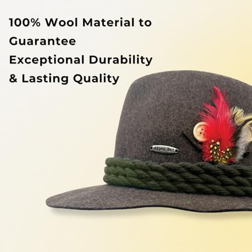 Image of German Hat | 100% Wool Hats for Men & Women - Bavarian Tirol Alps Wool Hat with Feather & Sweat Band | Fedora
