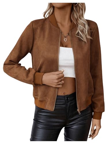 SweatyRocks Women's Faux Suede Short Bomber Jacket Coat Stand Collar Lightweight Zip Up Fashion Outerwear Tops