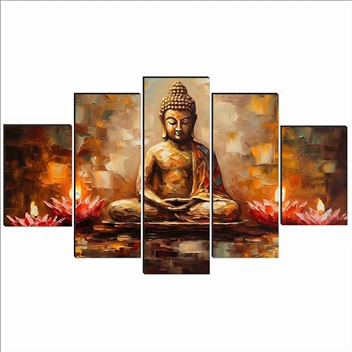 SAF Buddha Paintings For Wall Decoration - Set Of Five, 3D Modern Art Painting For Living Room Large Size With Frames For Home Decoration, Hotel, Office 76.2 Cm X 45 Cm Sanfpnls35458, Engineered Wood