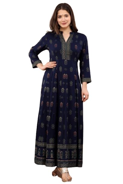 Women's Printed Anarkali Kurta, Navy Blue,-image-28
