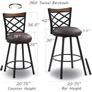 Swivel Bar Stools Set of 2 2429 Inch 2 In 1 Adjustable Seat Height Bar Stool with BackKitchen Island Barstool for Pub360 Round Seat with Metal Base Brown PU LeatherBlack Metal518PBR