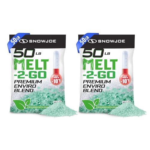 Snow Joe 2 Pack Premium Enviro Blend Snow & Ice Melt, Green-Coated Deicer Crystals, 50 lb - Safer Melter for Vegetation, Concrete & Metals