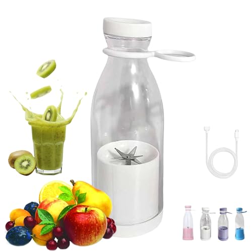 Batidora portátil de 15 onzas, licuadora portátil mini para batidos de frutas y batidos, carga USB e inalámbrica, con cuchillas de acero inoxidable para batidos, mezcla de hielo (blanco)