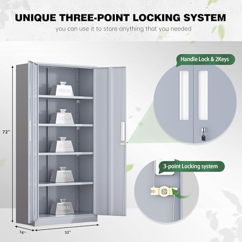 Image of Greenvelly Metal Storage Cabinet, Locking Steel Cabinet with 2 Doors and 4 Adjustable Shelves, 71 inch Utility Metal Filing Organization with Lock for Home Office, Garage, Classroom (Dark Gray)