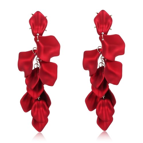 1 Pair Large Red Earrings for Women, Long Acrylic Rose Petals Earrings, Red Flower Earrings Dangle Statement Layered Floral Petal Earring for Wedding Holiday Festive Costume Gift
