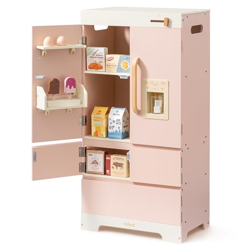 ROBUD Kühlschrank aus Holz - Realistisch und interaktiv mit Eiswürfelbereiter und Lebensmittel-Spielzeug - Geeignet für Kinder ab 3 Jahren - Rosa