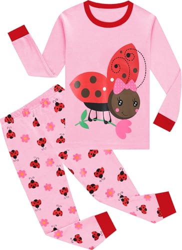 EULLA Kinder Mädchen Schlafanzüge Winter Pyjama Set Marienkäfer Langarm Baumwolle Zweiteilig Nachtwäsche 5 Jahre alt F-Rosa Marienkäfer DE 110