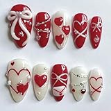 24pcs Valentine's Press On Nails Set Medium Almond Fake Nails 3D Love, Bow, Pearl & Gem Beads Rhinestones Design French False Nails Y2k Handmade Holiday Nail Red Heart Glue on Nails for Women