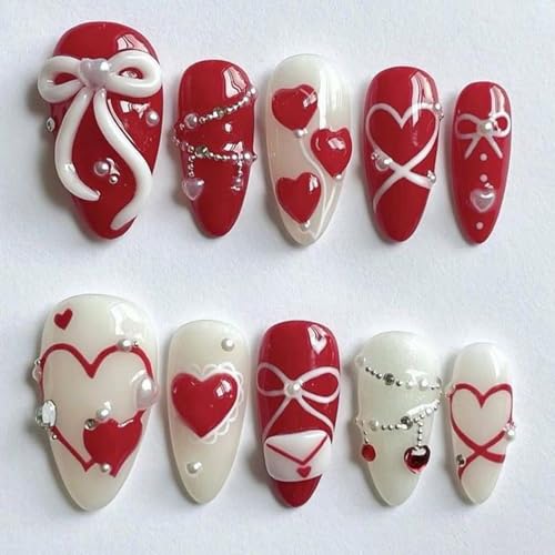 24pcs Valentine's Press On Nails Set Medium Almond Fake Nails