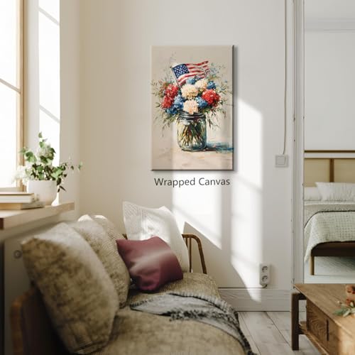 Image of American Flag Canvas Wall Art, 4th of July Patriotic Poster Print, USA Flag and Colorful Vase Flowers Picture, Rustic Independence Day Wall Decor for Bedroom Living Room 24x36in Unframed