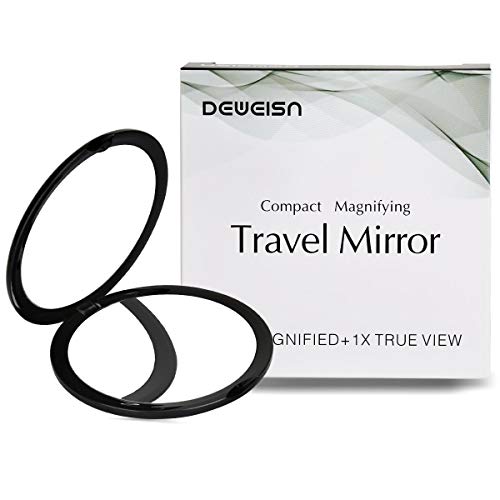 deweisn Compact Miroir de Maquillage, Double Sided Miroir de Poche avec Miroir Ordinaire et Grossissement 10 x Portable et Pliable Cosmétique Miroir pour Voyage et Usage Quotidien (Noir-01)