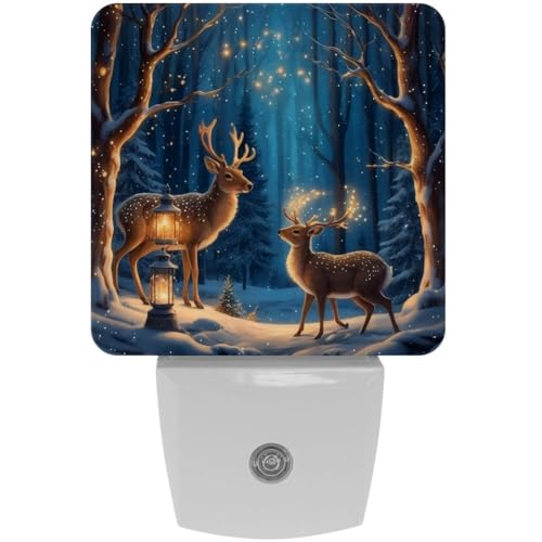 Image of NEWzone Reindeer Starry Night Nature Forest Night Light Set of 2, Auto Sensor LED Dusk-to-Dawn Nightlights, Plug-in Sensor Lamp for Bedroom Bathroom Kitchen Hallway Stairs Decorative