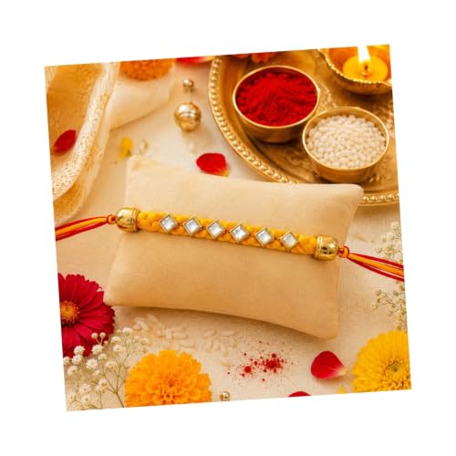 Image of Designer Stone Kundan Work Rakhi for Brother with Roli Chawal Pack Elegant Yellow Braided Thread Traditional Raksha Bandhan Rakhi Gift for Bhaiya #Kundan-4